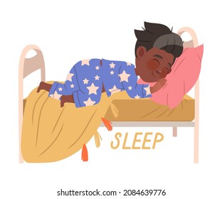 Cute little boy sleeping in the bed. Sleep verb expressing action cartoon vector illustration