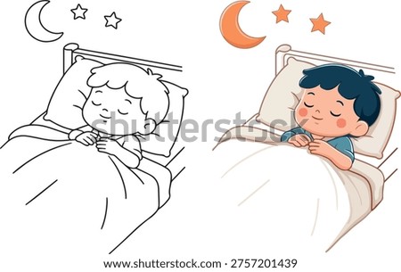 Cute little boy sleeping in bed coloring page and colored illustration set