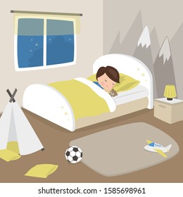 Cute little boy sleeping and dreaming in bed. Cartoon preschooler male character in bedroom. Room interior with toys and furniture. Flat vector illustration