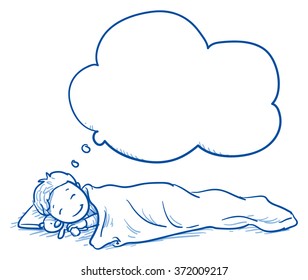 Cute little boy sleeping in his bed and dreaming something. Hand drawn cartoon doodle vector illustration.