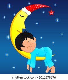 cute little boy sleeping on moon