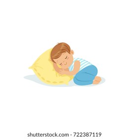 Cute Little Boy Sleeping On A Pillow Cartoon Character, Adorable Sleeping Child Vector Illustration