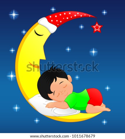 cute little boy sleeping on moon