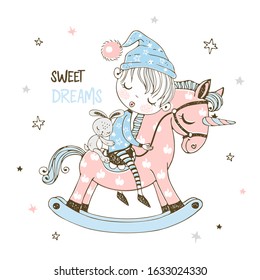 Cute little boy is sleeping sweetly on a unicorn toy horse. Vector.