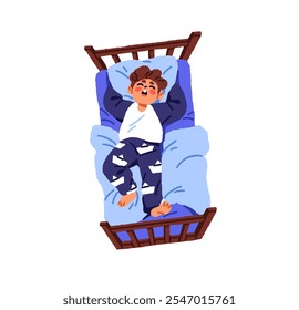 Cute little boy sleeps in bed top view. Asleep kid has a rest, dreams on pillow. Tired child in pajamas lying, relaxes, snoring at nap at night. Flat isolated vector illustration on white background