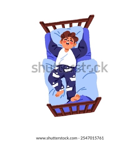 Cute little boy sleeps in bed top view. Asleep kid has a rest, dreams on pillow. Tired child in pajamas lying, relaxes, snoring at nap at night. Flat isolated vector illustration on white background