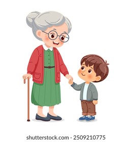 Cute little boy smiles and greets his grandmother happily. Vector illustration