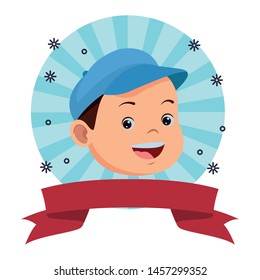 Cute little boy smiling face on round striped emblem with blank ribbon banner ,vector illustration graphic design.