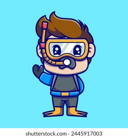 Cute a little boy snorkeling cartoon illustration. Study icon concept. Flat cartoon style.