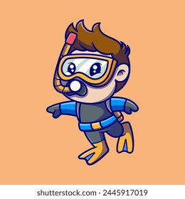 Cute a little boy snorkeling cartoon illustration. Study icon concept. Flat cartoon style.