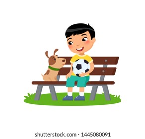 Cute little boy with soccer ball and puppy are sitting on the bench. Happy school or preschool kid and her pet playing together. Funny cartoon character. Vector illustration. 