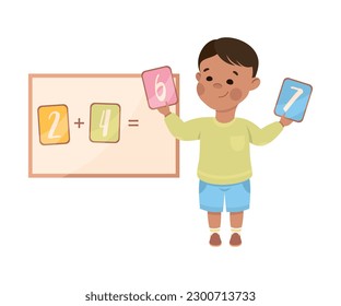 Cute little boy solving math examples. Preschool kid studying at mathematics lesson cartoon vector illustration