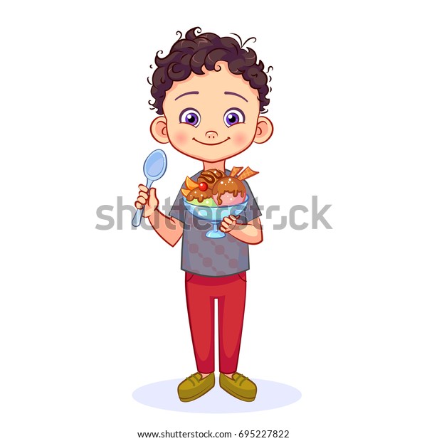 Cute Little Boy Spoon His Hand Stock Vector (Royalty Free) 695227822