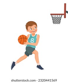 Cute little boy with sport wear jumping in action shooting basketball to the rim