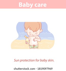 Cute Little Boy Stand On Seashore, Applies Sunscreen To His Body. Child On Beach Hold Sunscreen Lotion. Sun Protection For Baby Skin. Body And Skin Care For Infant. Color Vector Illustration.