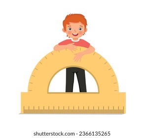 Cute little boy standing behind big half circle protractor