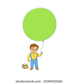 Cute little boy standing with big balloon and toy car, front view hand-drawn vector illustration isolated on white background. Hand-drawn happy boy, child, kid standing with balloon and toy car