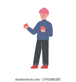 Cute Little Boy Standing and Holding Two Red Apples, Child Sharing Apples with His Friend Vector Illustration