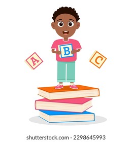 Cute little boy standing on books and holding abc cube. Back to school postcard, banner elements isolated on white