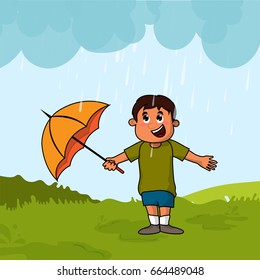 Cute little boy standing outside and enjoying rains, Vector for Monsoon Season concept.