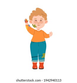 Cute Little Boy Standing in Spotted with Color Paints Clothes Having Smile on His Palm Vector Illustration