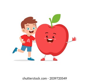 cute little boy stands with apple character