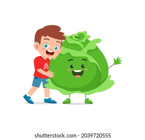 cute little boy stands with cabbage character