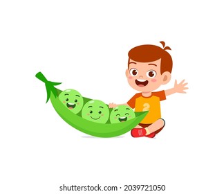 cute little boy stands with pea character