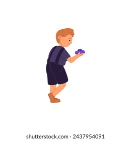 Cute little boy stands, plays with toy. Playful child controls children car model with hand. Happy baby enjoys game, has fun. Kids leisure. Flat isolated vector illustration on white background