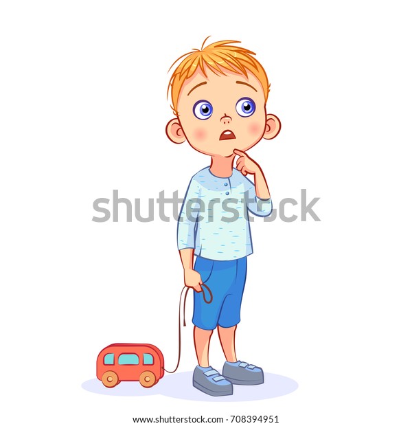 かわいい少年が手に赤いおもちゃのバスをひもに乗せて考え 立っている おかしな漫画の子供のキャラクター 白い背景にカラフルなベクターイラスト のベクター画像素材 ロイヤリティフリー