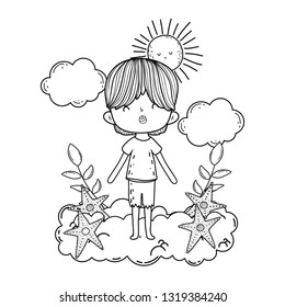 cute little boy with starfish in clouds