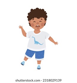 Cute little boy sticking out tongue and teasing. Mischievous dark haired curly boy dressed white t-shirt and blue shorts fooling around cartoon vector illustration