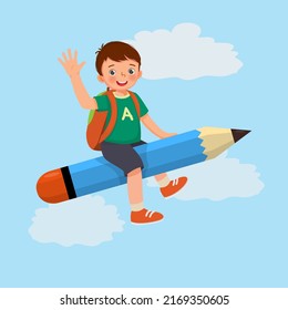 cute little boy student with backpack riding on flying pencil waving hand go to school