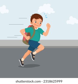 Cute little boy student with backpack running in hurry being late to school