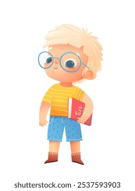 Menininho bonito personagem estudante carregando um livro e usando óculos. Desenho de personagem para crianças de classe elementar ou pré-escolar. Feliz colegial, ilustração isolada vetor cartoon para crianças.