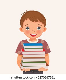 cute little boy student holding stack of books