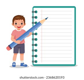 Cute little boy student holding big pencil standing with big notebook