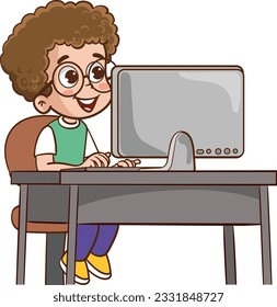 Cute little boy student study using Computer PC at the desk
