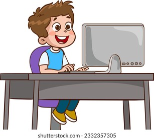 Cute little boy student study using Computer PC at the desk