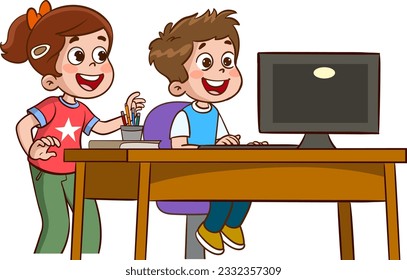 Cute little boy student study using Computer PC at the desk