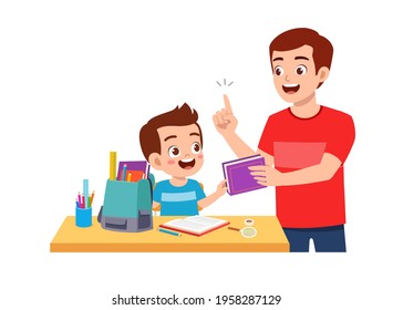 cute little boy study with father at home together