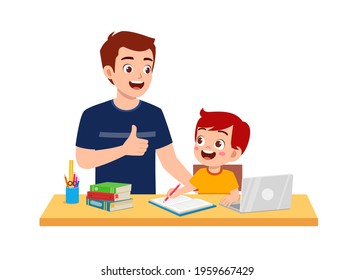 cute little boy study with father at home together