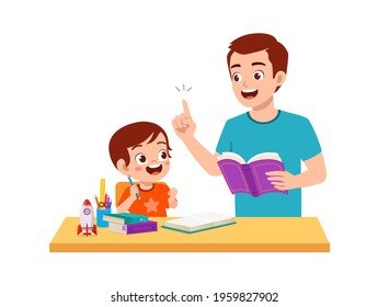 cute little boy study with father at home together