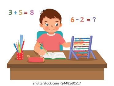 Lindo niño estudia matemáticas con un ábaco en el escritorio