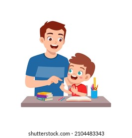 cute little boy study math with father