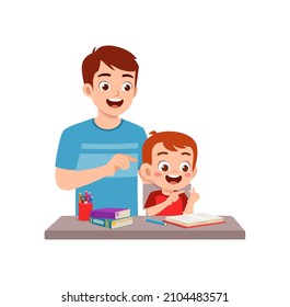 cute little boy study math with father