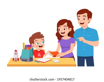 cute little boy study with mother and father at home together