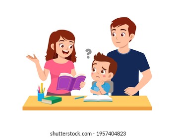 cute little boy study with mother and father at home together