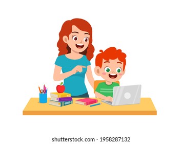 cute little boy study with mother at home together