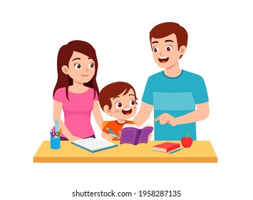 cute little boy study with mother and father at home together